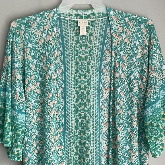 Chico's Open Front Cardigan Size 2 Large Green Colorful Coastal Beachy Artsy - Picture 2 of 12